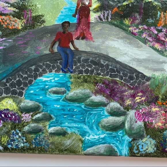 Original magical Garden painting colourful gloss varnished people bridge bunny - Picture 9 of 10